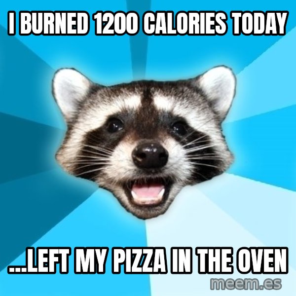 Lame Pun Coon meme: i burned 1200 calories today / ...left my pizzA in the oven