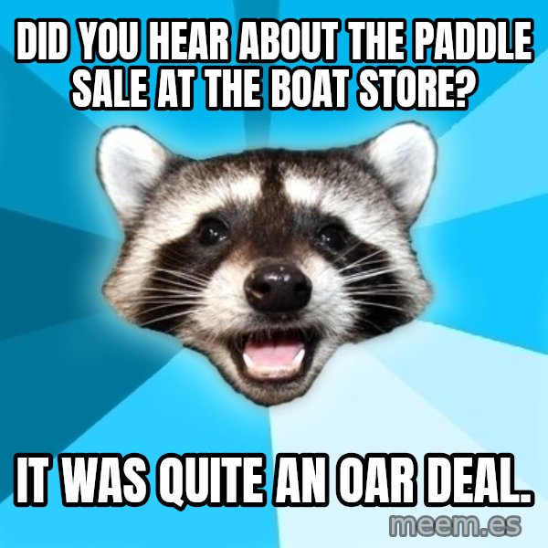 Lame Pun Coon meme: did you hear about the paddle sale at the boat store? / it was quite an oar deal.