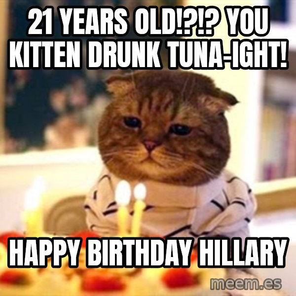 Birthday Cat meme: 21 years old!?!? You kitten drunk Tuna-ight! / Happy Birthday Hillary