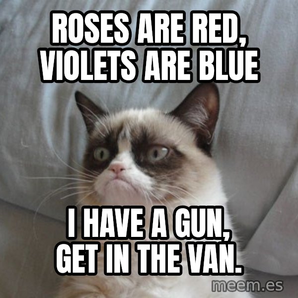 Grumpy cat good meme: Roses are red, violets are blue / i have a gun, get in the van.