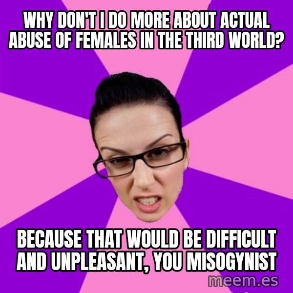 Privilege Denying Feminist meme: why don't i do more about actual abuse of females in the third world? / because that would be difficult and unpleasant, you misogynist