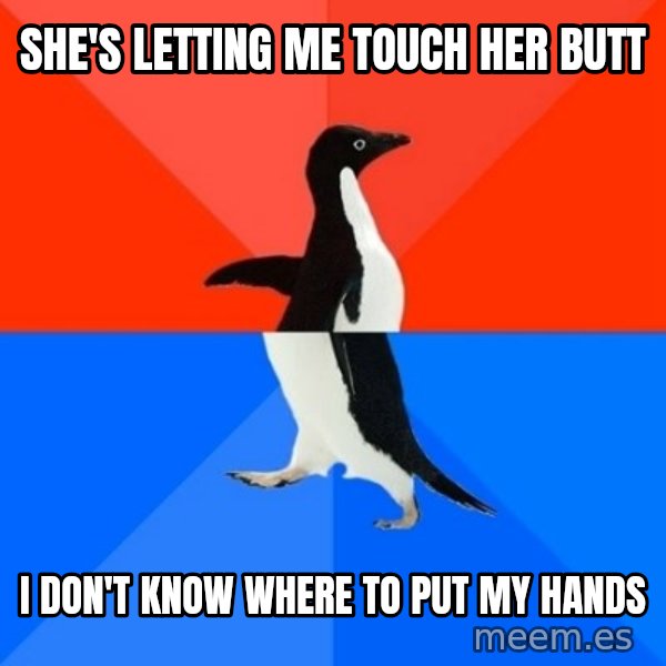 Socially Awesome Awkward Penguin meme: She's Letting me touch her butt / I don't know where to put my hands