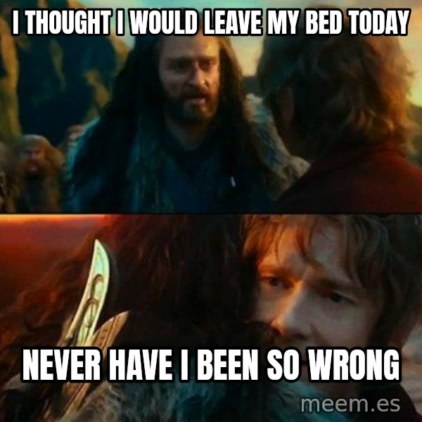 Never Have I Been So Wrong meme: i thought i would leave my bed today / never have i been so wrong