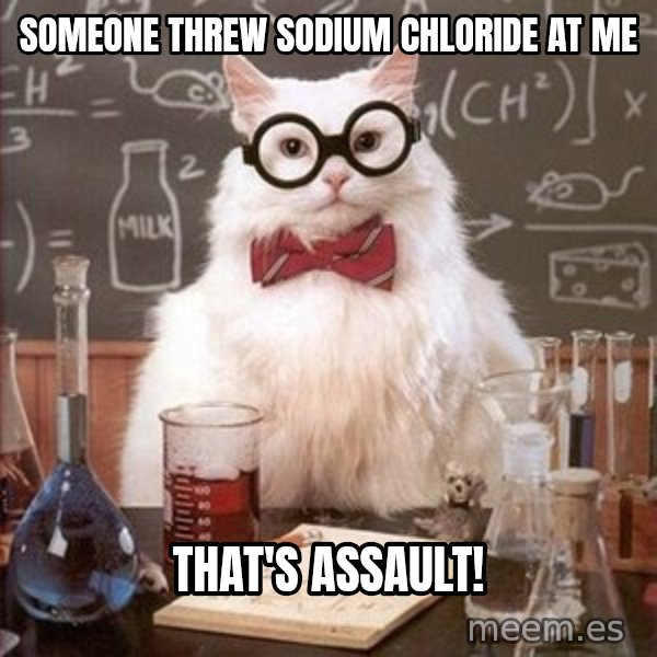 Chemistry Cat meme: someone threw sodium chloride at me / that's assault!