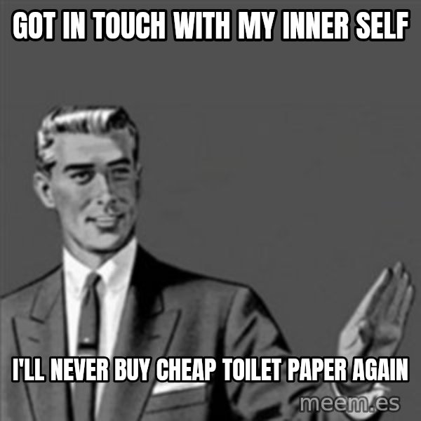 Correction Guy meme: Got in touch with my inner self / i'll never buy cheap toilet paper again