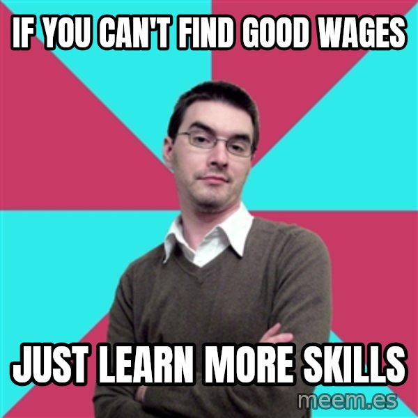 Privilege Denying Dude meme: if you can't find good wages / just learn more skills