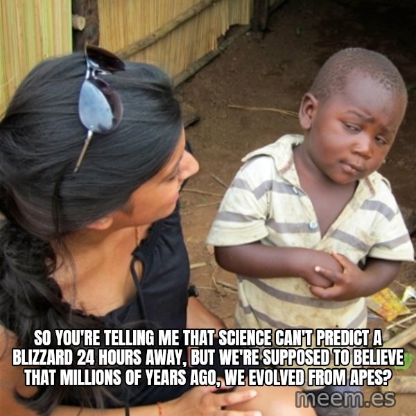 So You're Telling me meme: So you're telling me that science can't predict a blizzard 24 hours away, but we're supposed to believe that millions of years ago, we evolved From apes?