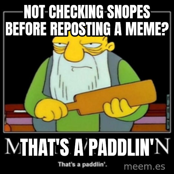 Thats a paddlin meme: Not checking snopes before reposting a meme? / That's a paddlin'