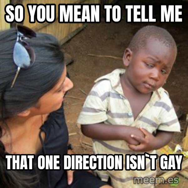 Skeptical 3rd World Kid meme: sO YOU MEAN TO TELL ME / THAT ONE DIRECTION ISN`T GAY