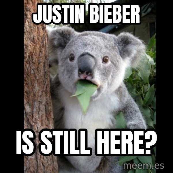 Koala can't believe it meme: justin bieber / is still here?