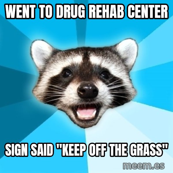 Lame Pun Coon meme: Went to drug rehab center / sign said "Keep off the Grass"