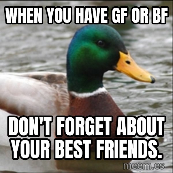 Actual Advice Mallard 1 meme: When you have gf or bf / Don't forget about your best friends.