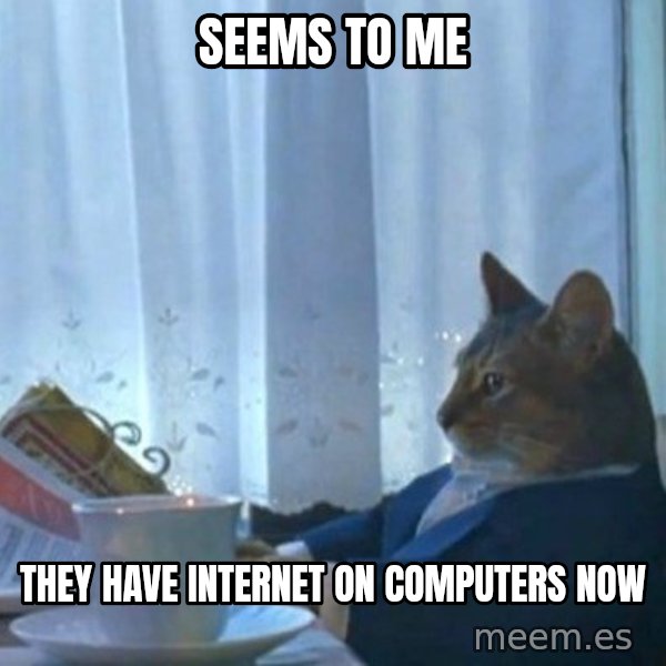 newspaper cat realization meme: seems to me / they have internet on computers now