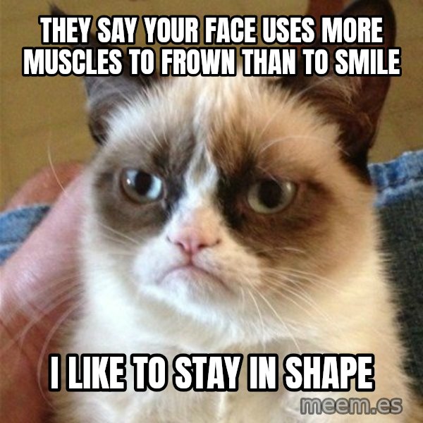Grumpy Cat  meme: They say your face uses more muscles to frown than to smile / i like to stay in shape