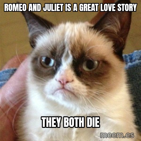 Grumpy Cat  meme: Romeo and juliet is a great love story / They both die
