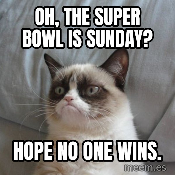 Grumpy cat good meme: Oh, the Super Bowl is Sunday? / Hope no one wins.