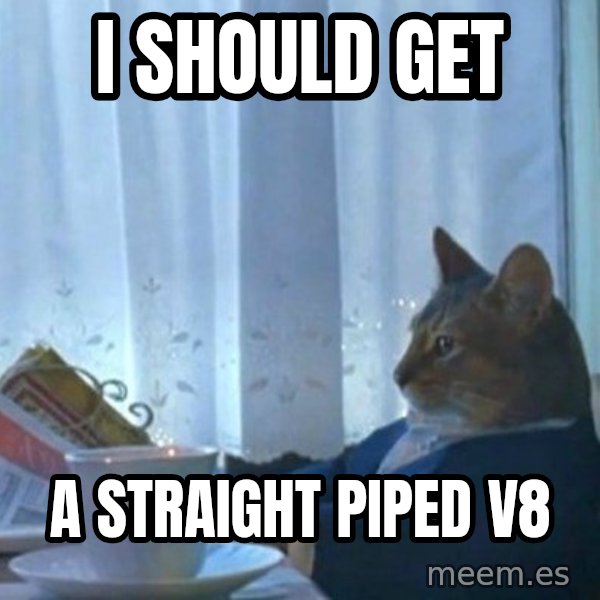 newspaper cat realization meme: I should get / a straight piped v8