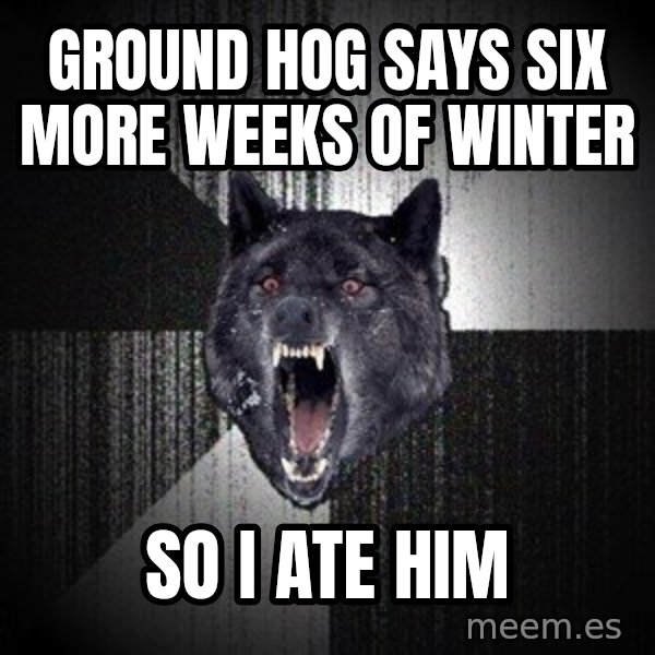 Insanity Wolf meme: ground hog says six more weeks of winter / so i ate him