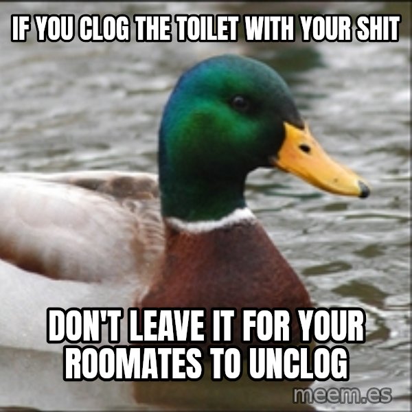 Actual Advice Mallard 1 meme: If you clog the toilet with your shit / don't leave it for your roomates to unclog
