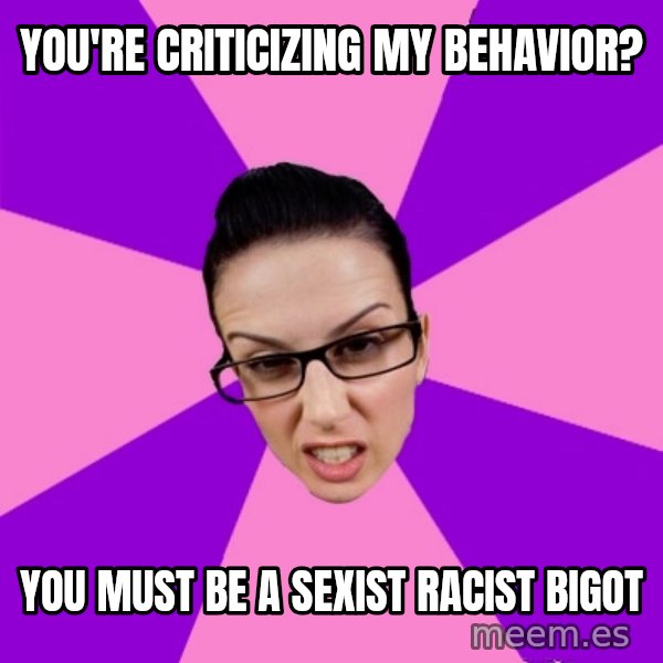 Privilege Denying Feminist meme: You're criticizing my behavior? / You must be a sexist racist bigot