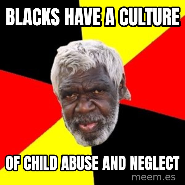 Aboriginal meme: blacks have  a culture / of child abuse and neglect
