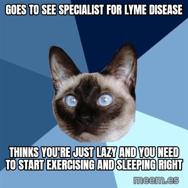 Chronic Illness Cat meme: goes to see specialist for lyme disease / thinks you're just lazy and you need to start exercising and sleeping right