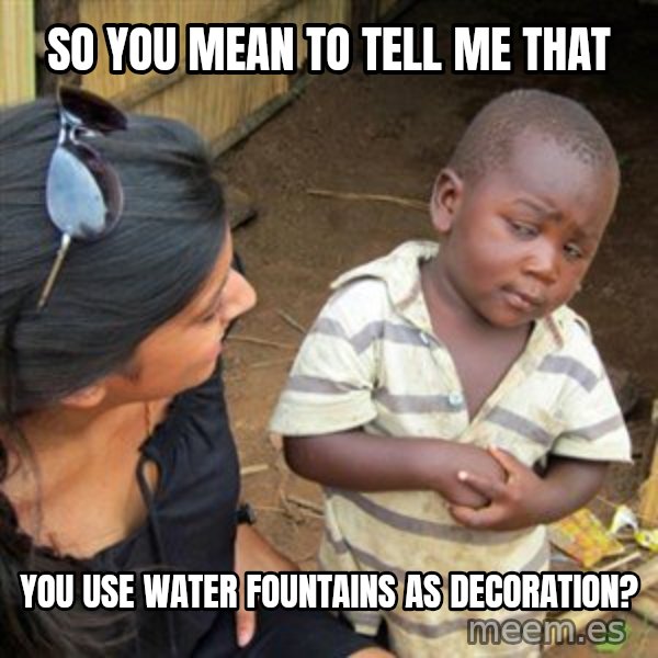 Skeptical 3rd World Kid meme: So you mean to tell me that / You use water fountains as decoration?