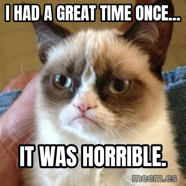 Grumpy Cat  meme: I had a great time once... / It was horrible.