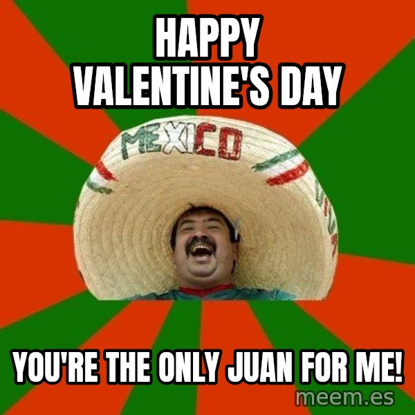 Successful Mexican meme: Happy Valentine's Day / You're the only Juan for me!