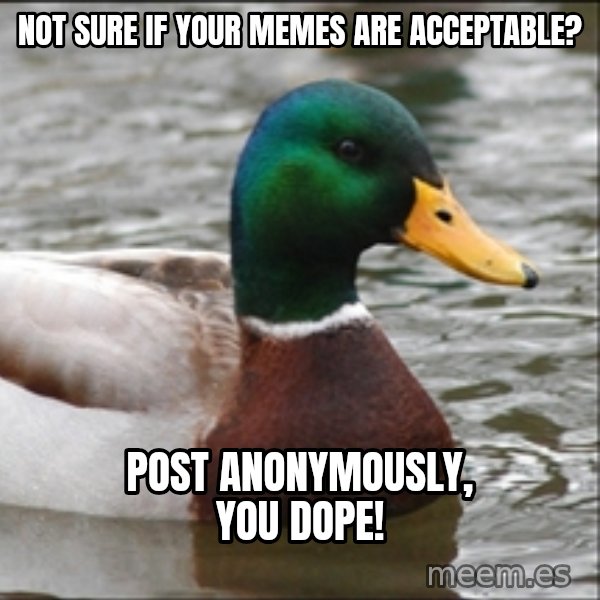 Actual Advice Mallard 1 meme: not sure if your memes are acceptable? / post anonymously, you dope!
