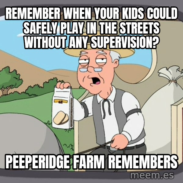 Pepperidge Farm Remembers Meme meme: remember when your kids could safely play in the streets without any supervision? / peeperidge farm remembers