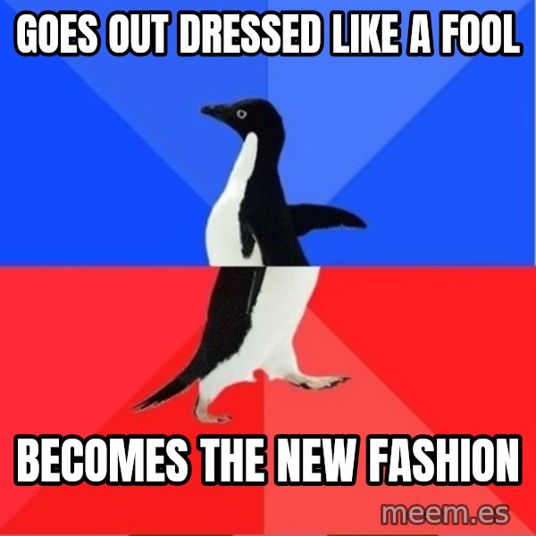 Socially Awkward to Awesome Penguin meme: goes out dressed like a fool / becomes the new fashion