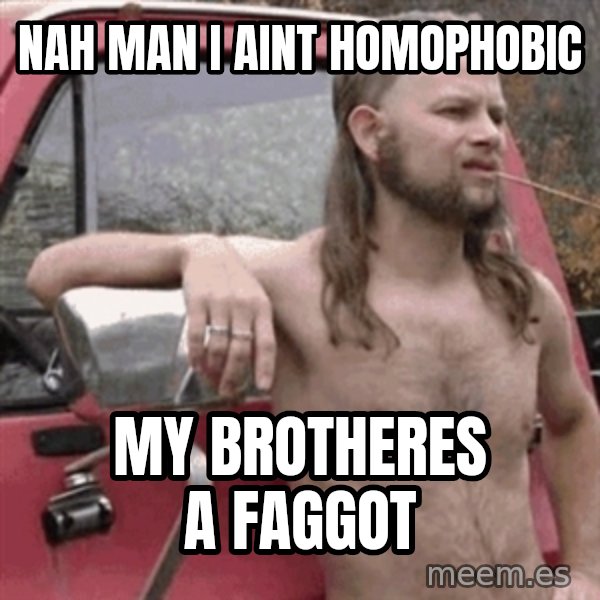 Almost Politically Correct Redneck meme: nah man i aint homophobic / my brotheres a faggot