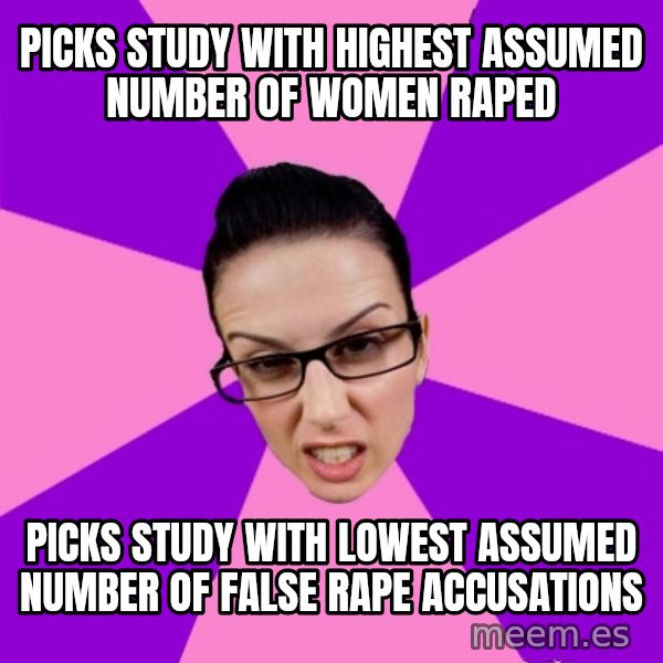 Privilege Denying Feminist meme: picks study with highest assumed number of women raped / picks study with lowest assumed number of false rape accusations