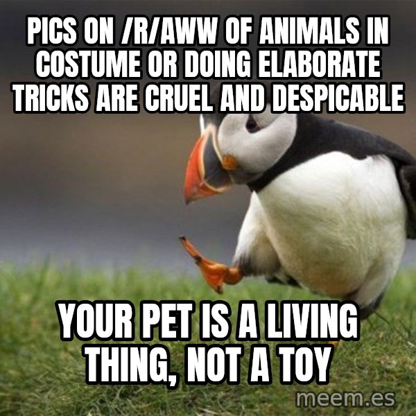 Unpopular Opinion Puffin meme: pics on /r/aww of animals in costume or doing elaborate tricks are cruel and despicable / Your pet is a living thing, not a toy