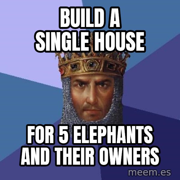 Age Of Empires meme: BUILD A SINGLE HOUSE / FOR 5 ELEPHANTS AND THEIR OWNERS