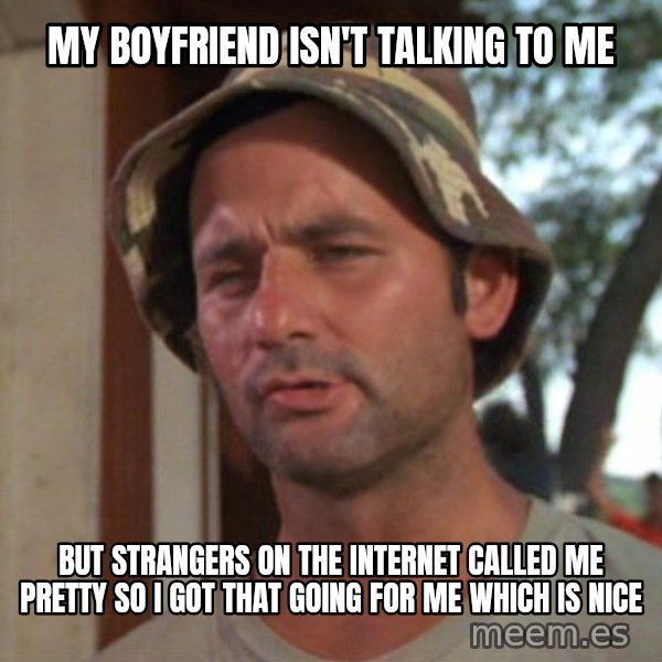 So I got that going on for me, which is nice meme: my boyfriend ISN't talking to me / but strangers on the internet called me pretty so I got that going for me which is nice