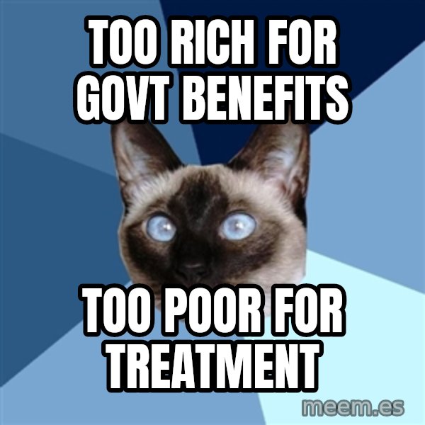 Chronic Illness Cat meme: too rich for govt benefits / too poor for treatment