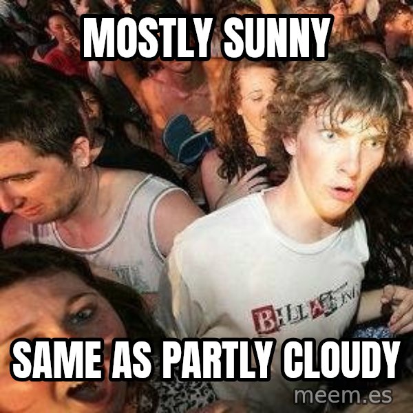 -Sudden Clarity Clarence meme: mOSTLY SUNNY / SAME AS PARTLY CLOUDY
