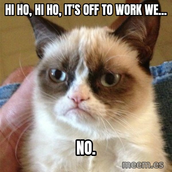 Grumpy Cat  meme: Hi ho, hi ho, it's off to work we... / no.
