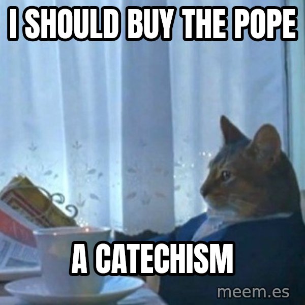 newspaper cat realization meme: I should buy the Pope / a Catechism