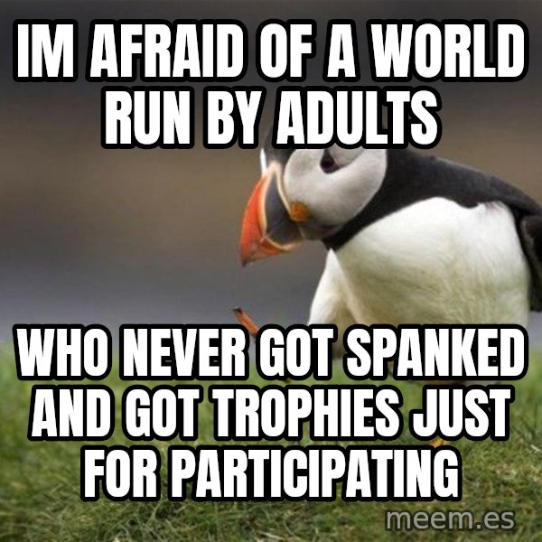 Unpopular Opinion Puffin meme: Im afraid of a world run by adults / who never got spanked and got trophies just for participating