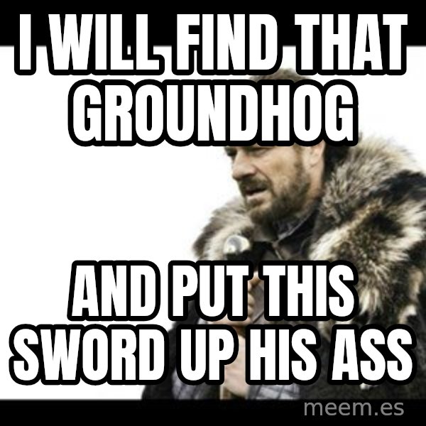 Winter is Coming meme: i will find that groundhog / and put this sword up his ass