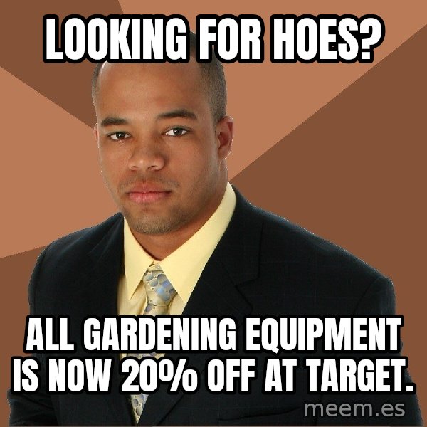 Successful Black Man meme: looking for hoes? / All gardening equipment is now 20% off at target.