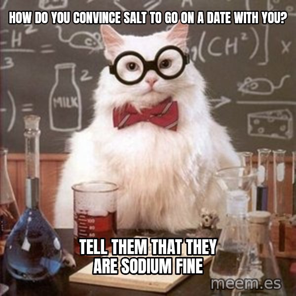 Chemistry Cat meme: how do you convince salt to go on a date with you? / Tell them that they are sodium fine