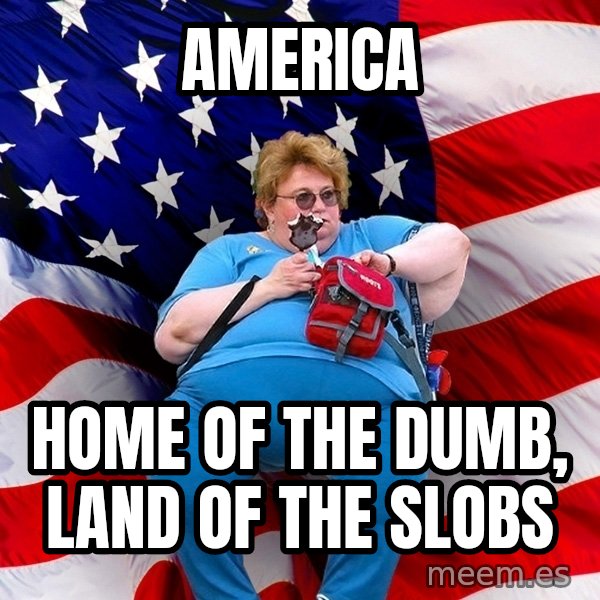 Obese American meme: America / home of the dumb, land of the slobs