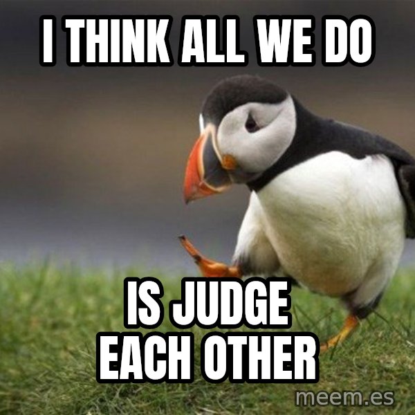 Unpopular Opinion Puffin meme: I think all we do / is judge each other