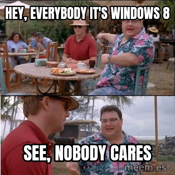 See? Nobody Cares meme: HEY, everybody it's windows 8 / See, nobody cares