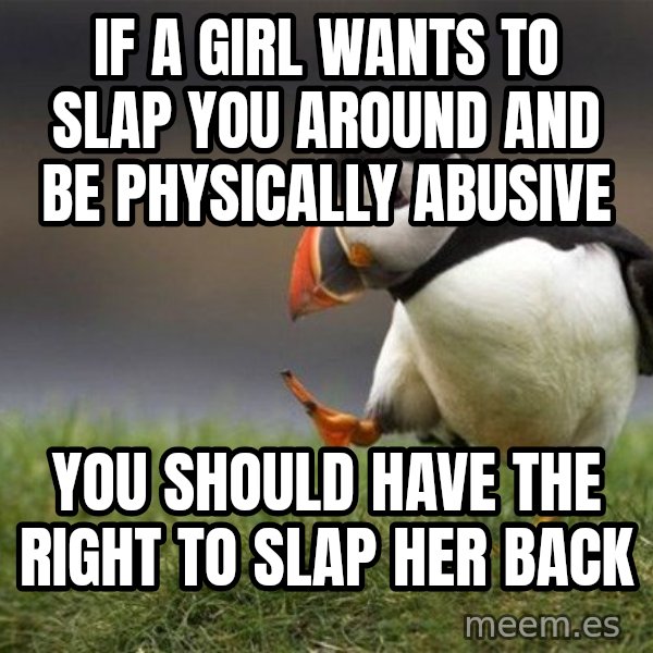 Unpopular Opinion Puffin meme: if a girl wants to slap you around and be physically abusive / you should have the right to slap her back