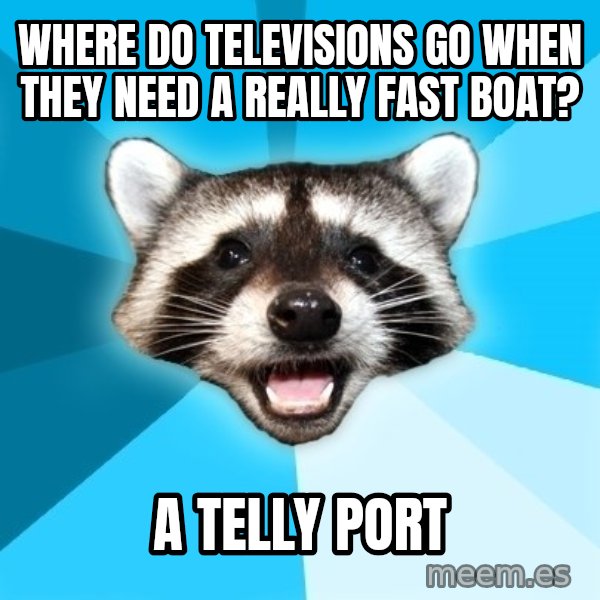 Lame Pun Coon meme: where do televisions go when they need a really fast boat? / a telly port